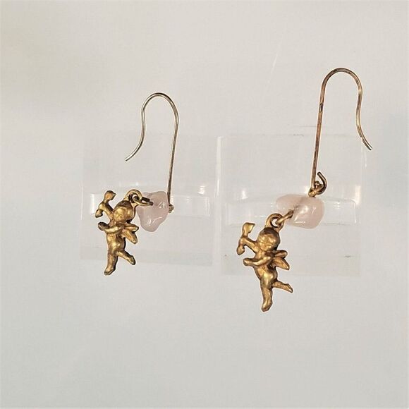 Vintage Cupid With Arrow Earrings Tiny Dangling Cherub With Pink Stone - Picture 3 of 5
